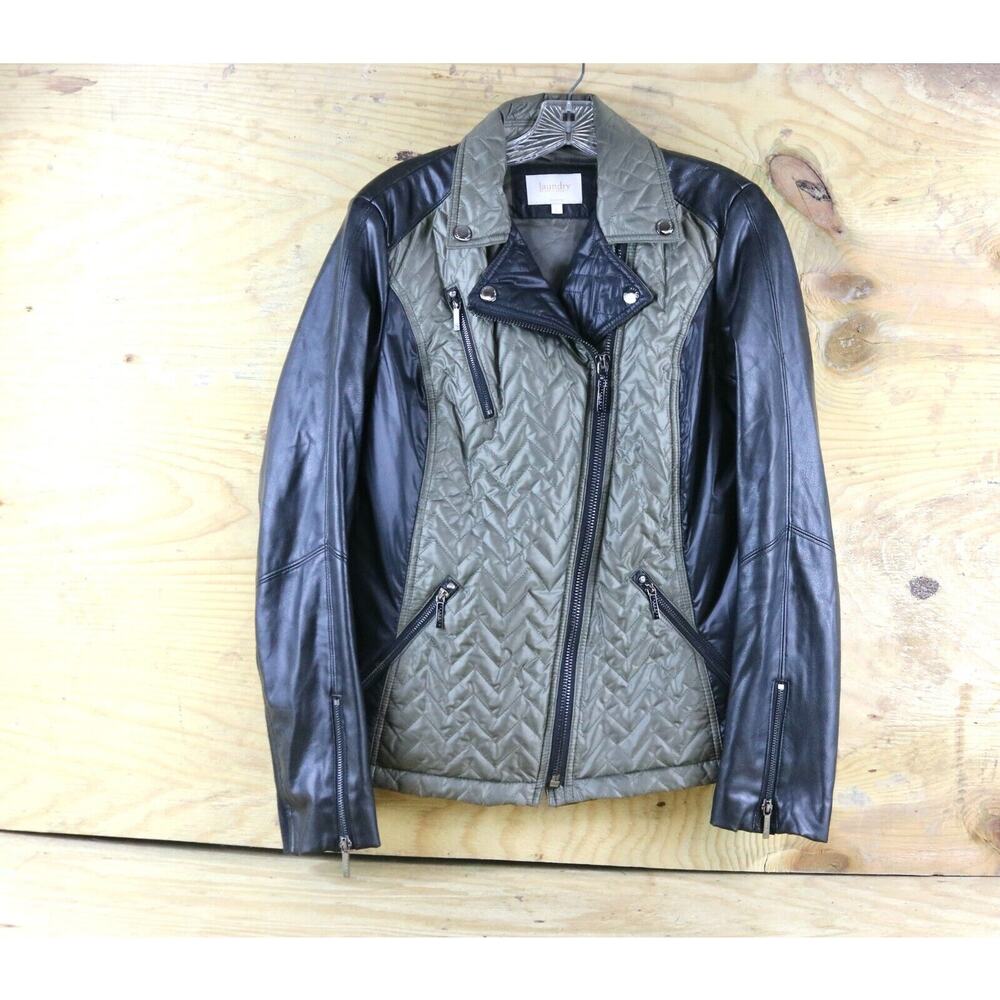 Laundry by Shelli Segal Jacket Womens Sz L Green Black Quilted Faux Leather Moto